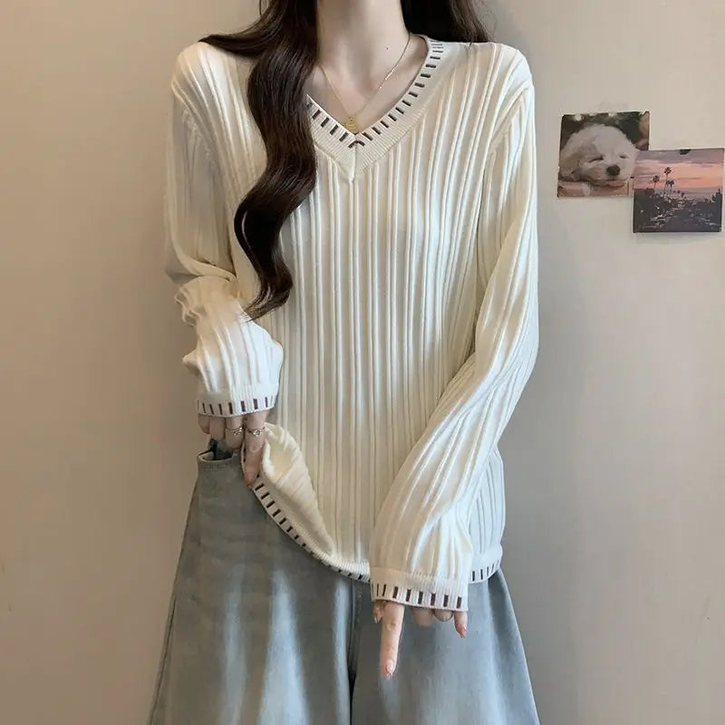 Autumn Winter New Women Sweater Korean Fashion V-Neck Striped Patchwork Loose Long Sleeve Pullovers Bottoming Shirt Knitted Tops voguable