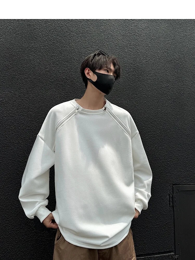 2025 Spring Men Sweatshirts Metal Zipper Solid Color Casual O Neck Fashion Oversize Streetwear Hip Hop Male White/Black voguable