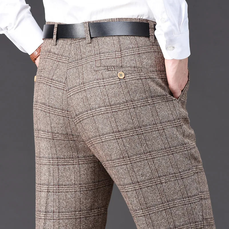 Flat Cashmere Suit Trouser For Male Loose Plaid Hight Waist Classic Straight Formal Mens Dress Pants Business Size 42 44 voguable