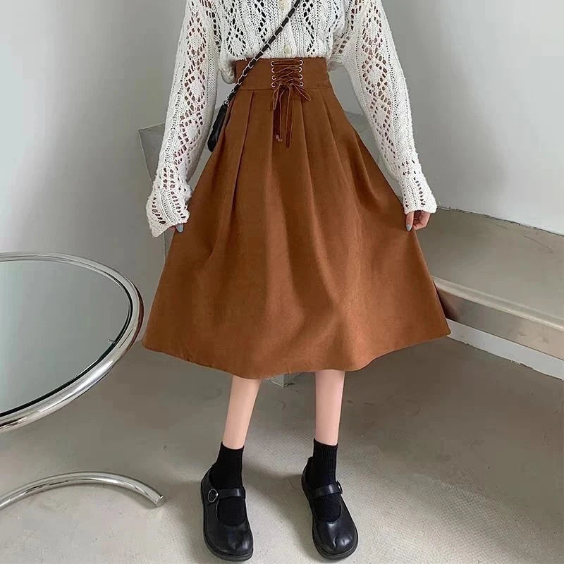 Preppy Style Vintage Long Skirts Women High Waist Sweet Loose A Line Skirt Lace Up Retro Fall Winter Female Elegant Long Skirts voguable