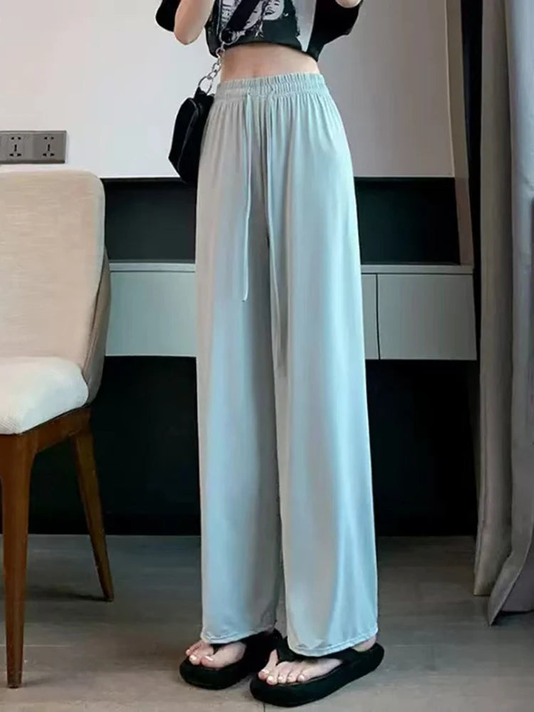 Summer Thin Ice Silk Sun Protection Pants Women Y2K High Waist Loose Wide Leg Trousers Solid All-Match Simple Straight Pants voguable