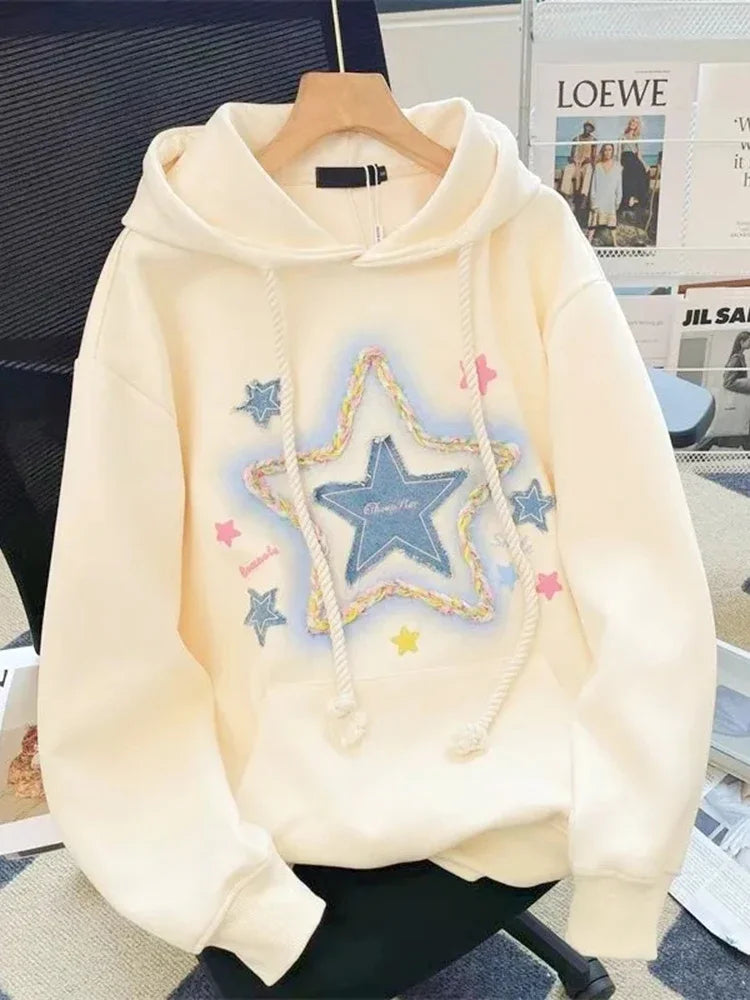 Vintage Star Print Hoodies Women Streetwear Loose Long Sleeve Sweatshirts American Retro Bf Casual Harajuku Pullover Tops voguable
