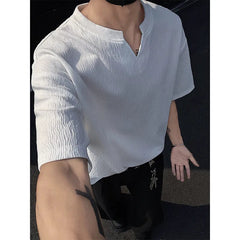 Summer Short Sleeved T-shirt Men Casual V-neck T Shirt Men Streetwear Korean Loose Pleated T Shirt Mens Top Large Size 5XL voguable