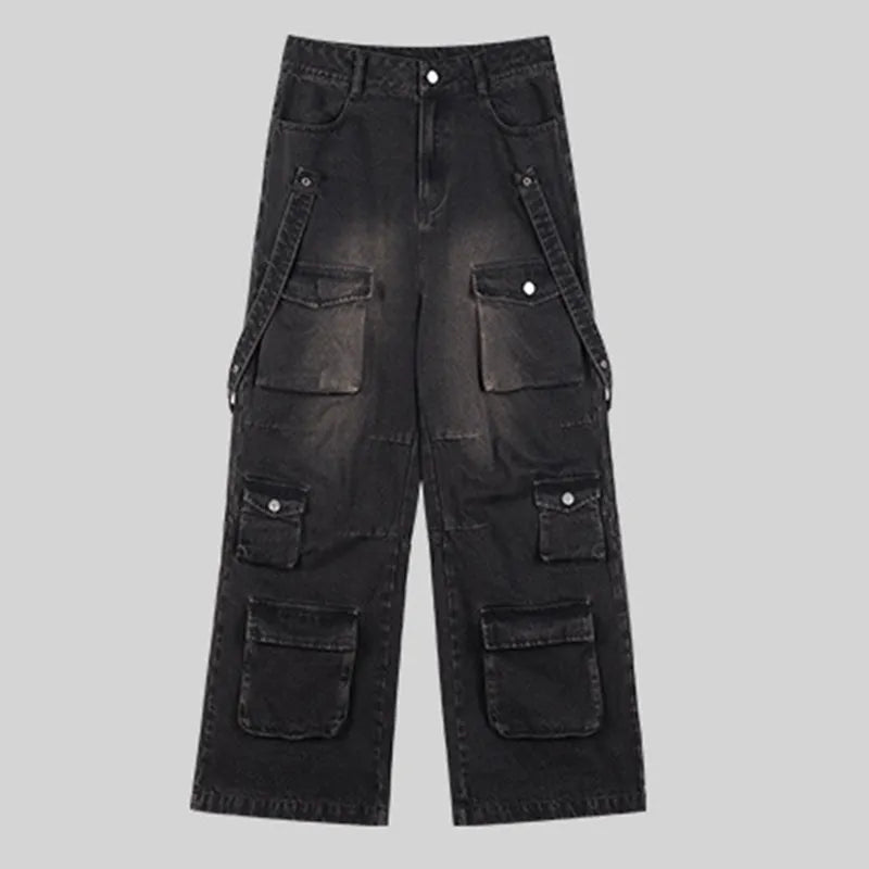 Summer Men's American High Street Multi Pocket Wide Leg Jeans Loose Hip Hop Straight Techwear Denim Handsome Pants voguable