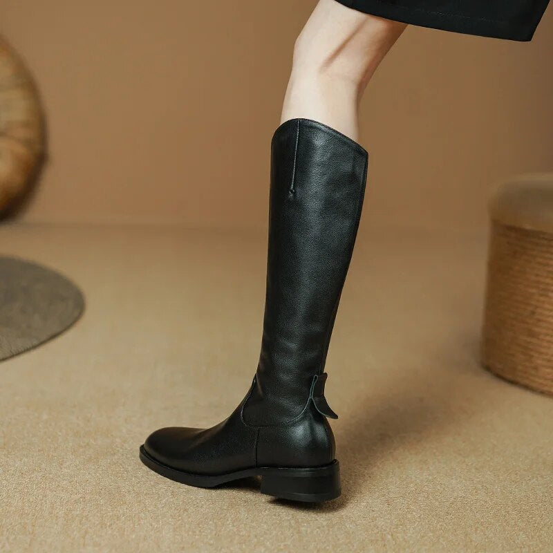 New Fashion Women Knee High Boots Genuine Leather High Heeled Autumn Winter Warm Shoes Woman Snow Motorcycle Boots Shoes voguable