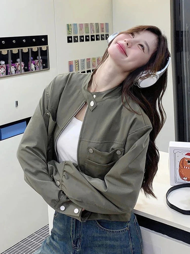 Streetwear Y2K Cropped Cargo Jacket Women Vintage Loose Pockets Harajuku Short Coat American Casual Fall O Neck Long Sleeve Tops voguable