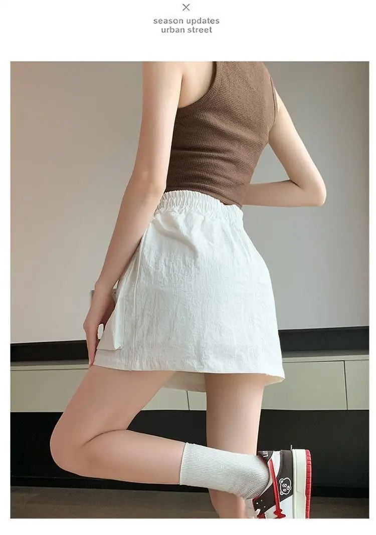 High Waist Drawstring Summer Women Short A Line Skirt Vintage Casual Cargo Big Zipper Pocket Skirt with Safety Shorts Hip Skirts voguable