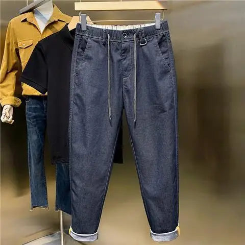 Spring Autumn New Fashion Solid Color Elastic Waist Jeans Men's Clothing Drawstring Pockets Chaopai Casual Loose Straight Pants