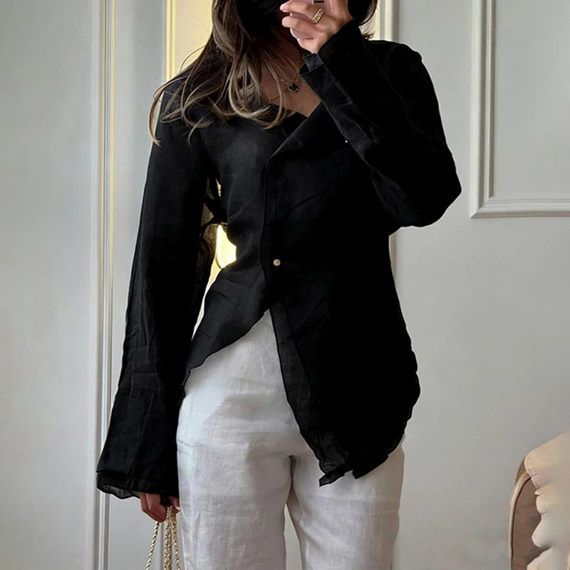Voguable  Women's Cotton Linen Comfortable Early Autumn Long Sleeve Top V Neck Solid Color Irregular Casual Classic Holiday Party T-shirts voguable