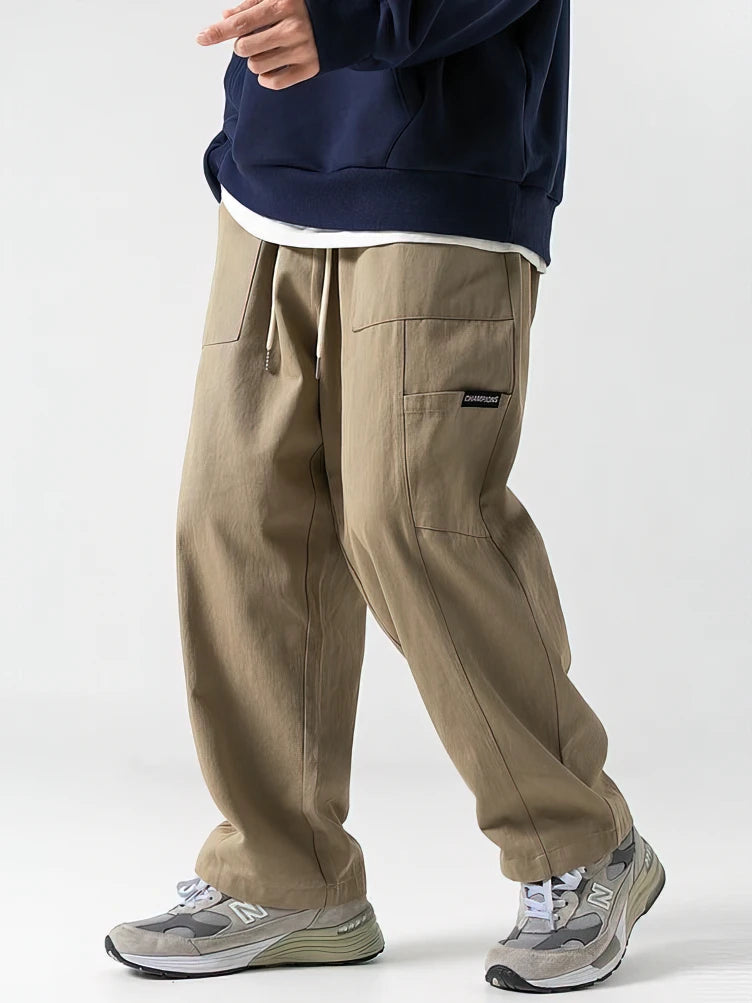 Voguable  100% Cotton Casual Straight Cargo Pants Men Loose Wide Leg Long Trousers Korean Popular Clothes New voguable