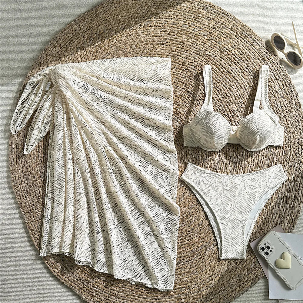 Voguable  Dark Brown Hollow Lace Swimwear Cover Ups Push Up Bikinis Sets 3 Pieces Sexy Swimsuit Women Bathing Suit Beachwear Bikini voguable