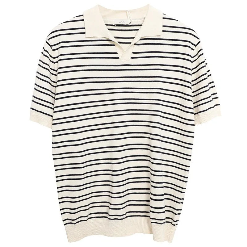 Summer Men's Clothing Light Luxury Knitted Polo Shirt Leisure Striped V-Neck Solid Color Short Sleeve Fashion Retro Knitwear voguable