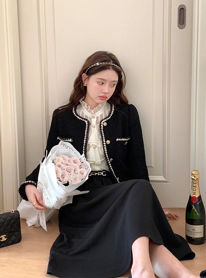Vintage Jackets Women Black Tweed Cropped Coat Korean Elegant Thicken Single Breasted Blazer Casual Short Outerwear Tops voguable