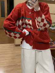 Voguable  Christmas Red Women Argyle Cardigan Vintage Oversize Knitted Tops Korean Lazy Wind Loose Female Preppy Style Sweater New voguable