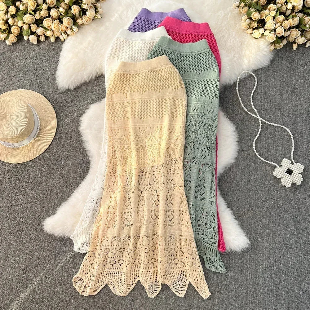 Voguable Boho Retro Holiday Long Skirts Women Y2k Crochet Hollow Out Female Trumpet Skirt Ladies Elegant Summer Sexy Skirt voguable
