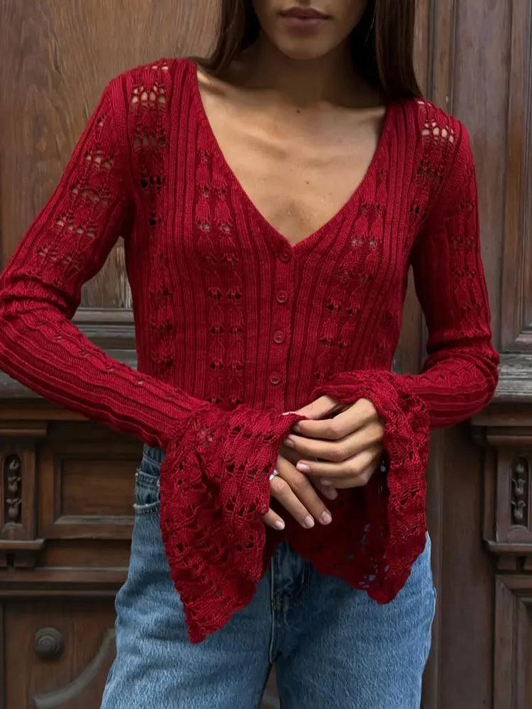 Knitwear Hollow Out Sweater Cardigan Women V-Neck Long Sleeve See-Through Cropped Top Summer Knit Patchwork Cardigan Top voguable