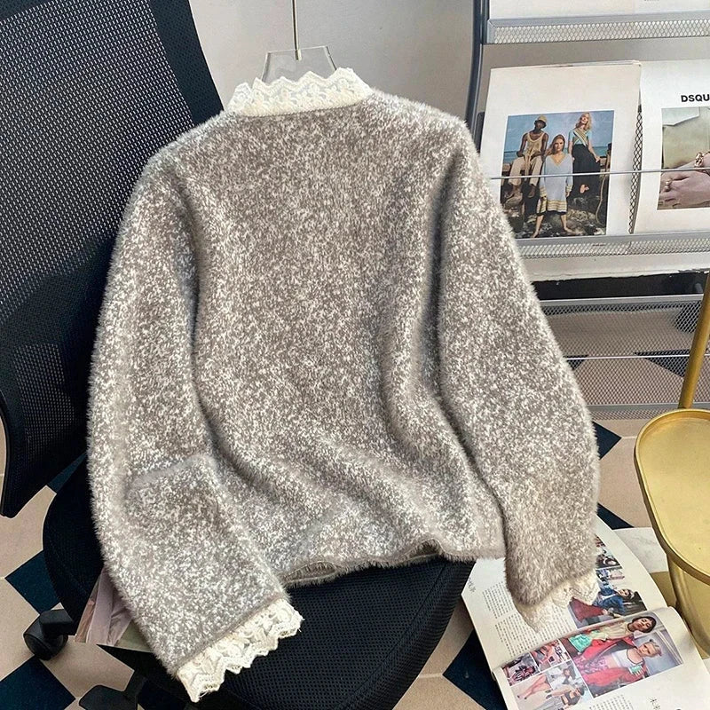 Faux Mink Cashmere Gray Cardigan Women Lace Patchwork Long Sleeve Elegant Knitted Sweaters Vintage Korean Casual Pockets Tops voguable
