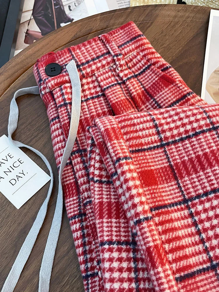 Loose Vintage Plaid Pant Women High Waist Casual American Wide Leg Trousers Fall Winter Retro High Quality Female Sweet Pants voguable