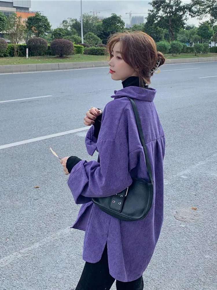 Voguable  Bf Women Corduroy Shirt Long Sleeve Spring Purple Loose Single Breasted Korean Ladies Turn Down Collar Shirt Coat voguable