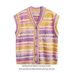 Autumn Winter Rainbow Stripe High Street Men Sweater Vest Shirt Unisex Couple Women Zip-up Cardigan Casual Hip Hop Retro Vintage voguable