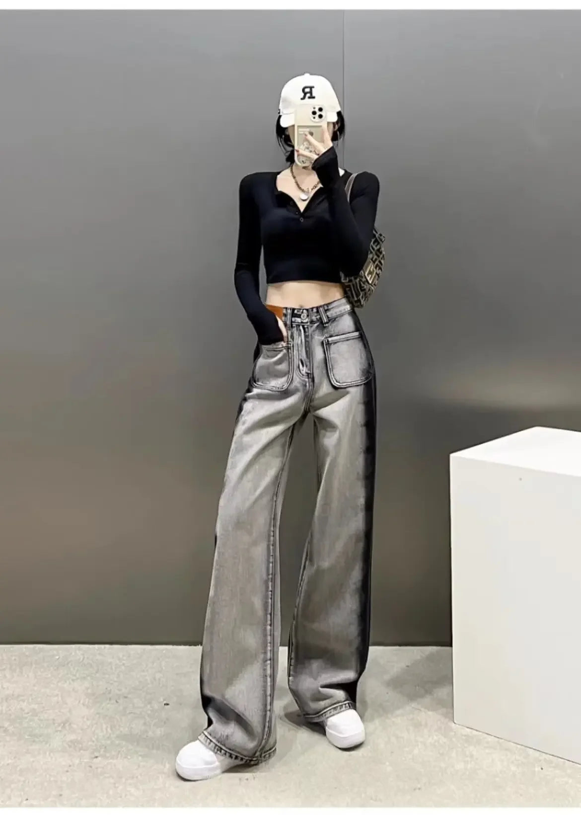 Black High-waisted Straight-leg Wide-leg Jeans Women's Trendy Slimming New Arrival Spring Summer Design Sensibility Grey voguable