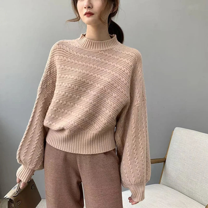 Fall Winter Thick Half Turtleneck Women Pullover Fashion Warm Lantern Sleeve Knitted Sweater Korean Loose Pure All-Match Jumper voguable