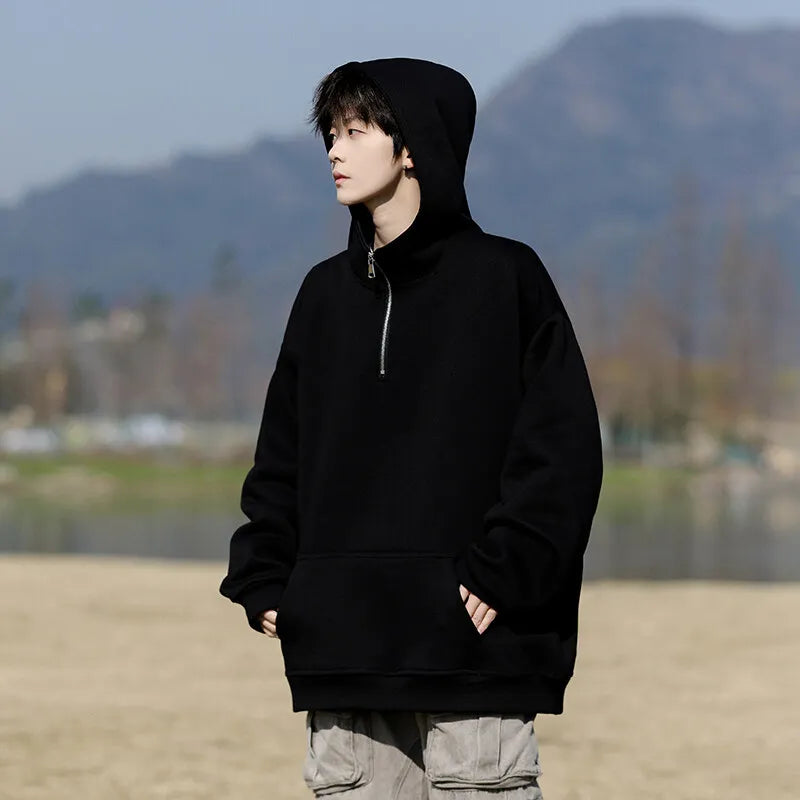Spring Casual Hoodie Mens Half Zip Pullover Pure Color Streetwear Oversize Comfort Loose Fit Trending Hooded Sweatshirt voguable