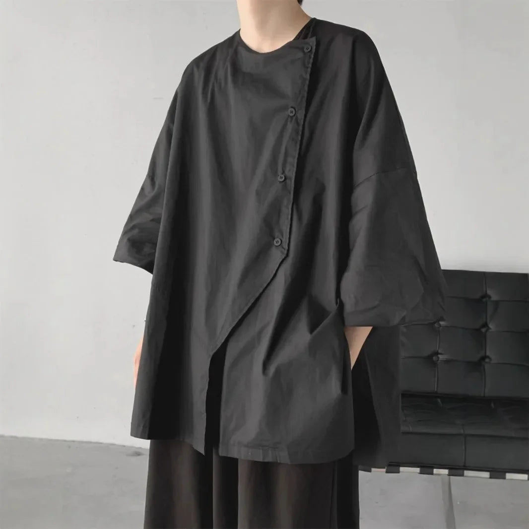 Voguable  Loose Men's Oversize Shirt Asymmetric Silhouette Seven-Quarter Sleeve Dark Style Casual Summer Top Male Fashion Clothing voguable