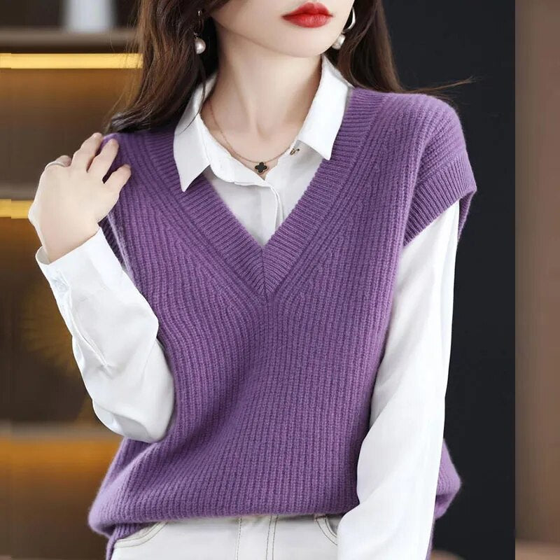 Knitted Jacket Sweater Women's Vest Sleeveless Coat Wool Blended V-Neck Pullover Spring Autumn Fashion Women's Top voguable