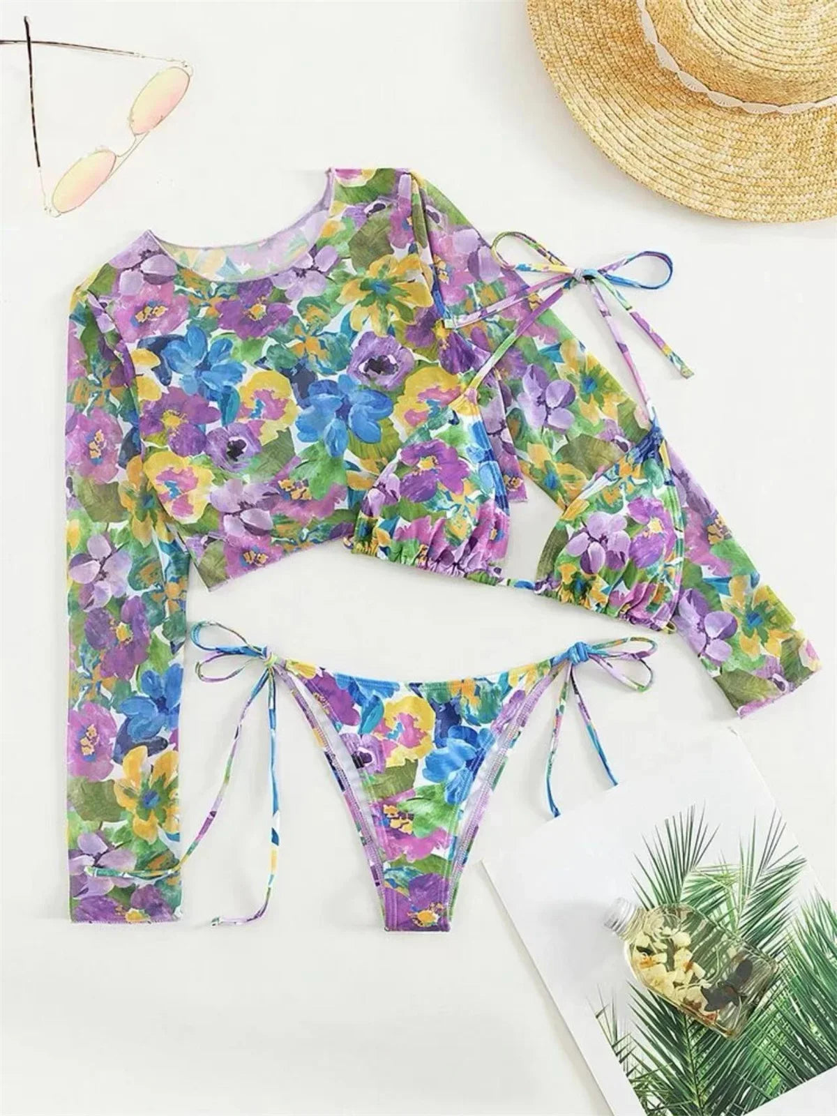 Voguable Sexy Mesh Cover Up Bikini Set Women Long Sleeve Tie Dye Floral Print Thong 3 Piece Swimsuit Beach Bathing Suit Swimwear 2024 voguable