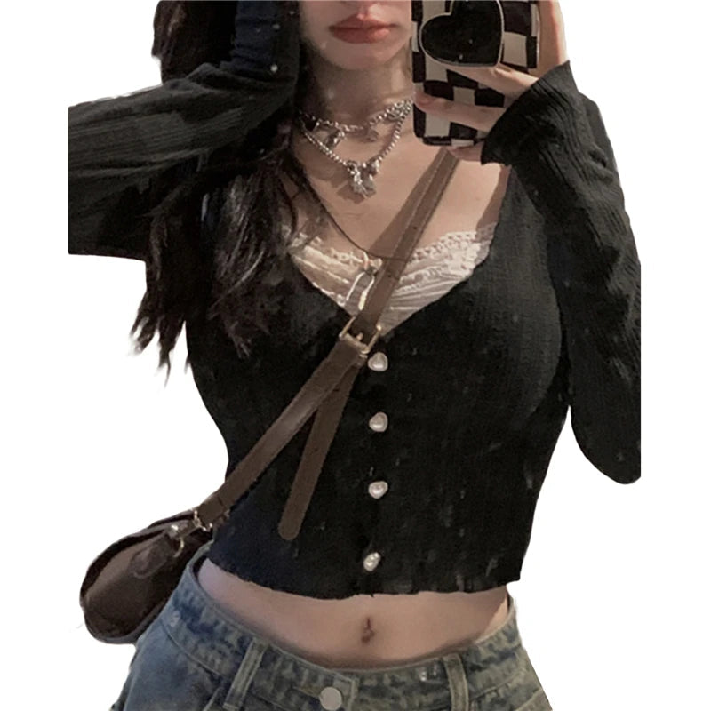 y2k Crop Top Sweet Aesthetic Clothes Women Lace Patchwork Long Sleeve T Shirt with Bow Decor 2000s Clothing Streetwear voguable