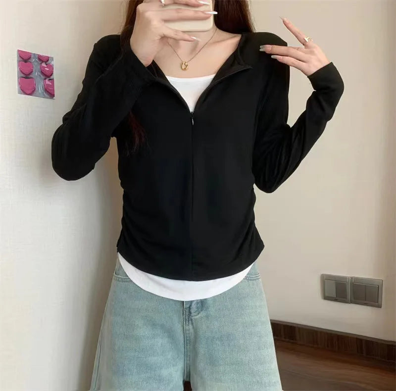 Long Sleeve T Shirt Women Fashion Fake Two Pieces Patchwork Basic Slim Zipper Slimming Bottoming Shirt Retro Red Casual T-shirt voguable