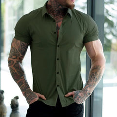Voguable  Fashion Gym Muscle Polo Neck Short Sleeve Shirts Men Elasticity Thin Solid Sport Casual Cardigan Business Shirts Male Blouses voguable