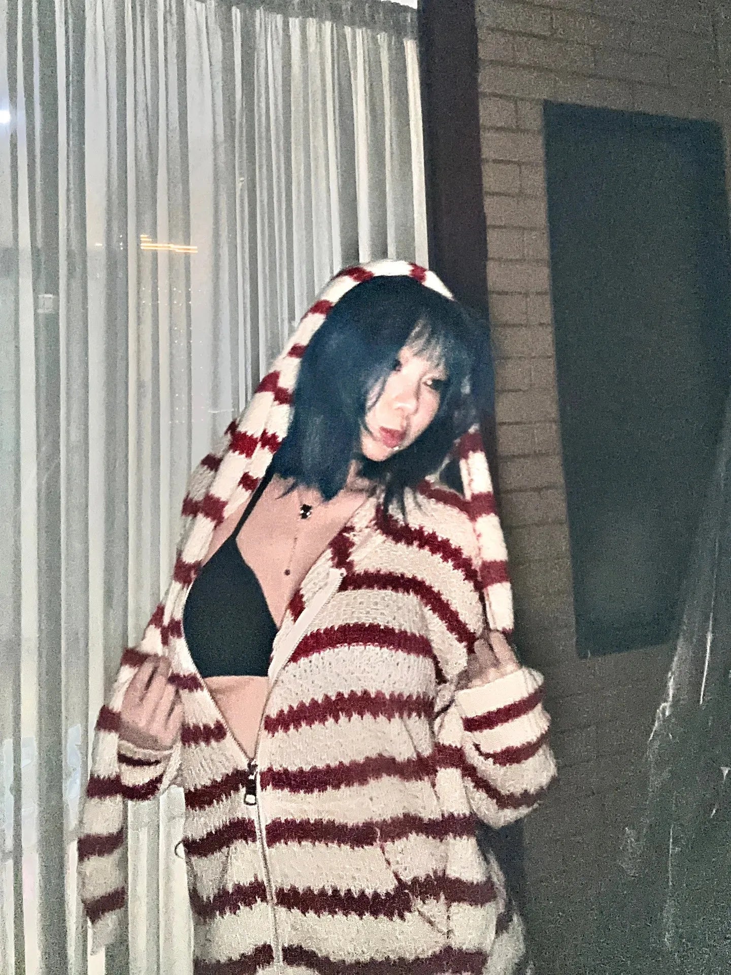 Japanese Y2k Hooded Cardigan 2000s Aesthetics Rabbit Ears Zipper Knitwear Vintage Harajuku Red Stripe Sweater Grunge voguable