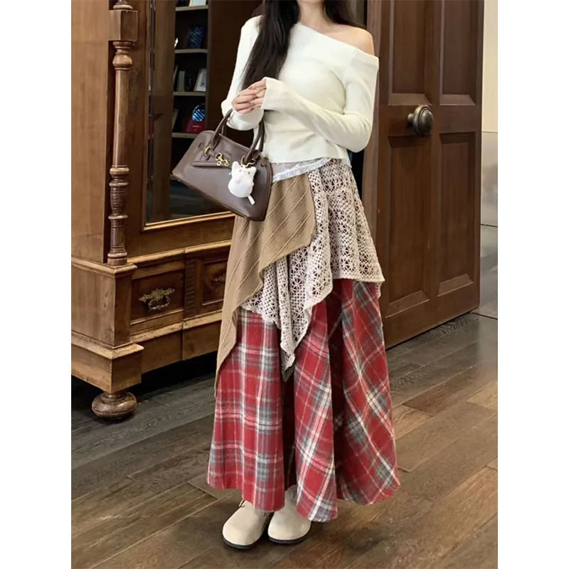 Asymmetrical Prairie Chic Bohemia Sweet Patchwork Panelled Plaid Women Autumn Winter New High Waist Casual Lace Aesthetic Skirts voguable