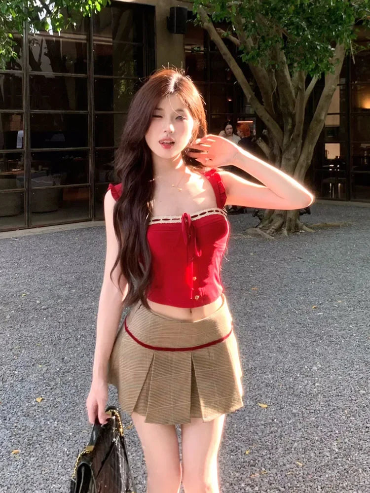 Voguable Harajuku 2000s Aesthetic Outfits 2 Piece Skirt Set Gyaru Off Shoulder Red Tank Top + Japanese Vintage Pleated Skirt Coquette Y2K voguable