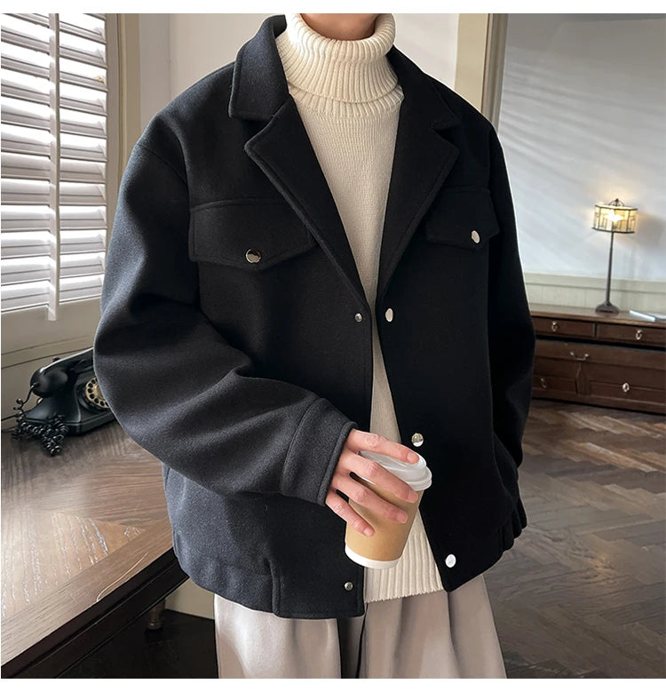 Winter Short Woolen Coat Men Warm Fashion Casual Thick Woolen Jacket Men Korean Loose Thicken Woolen Coat Mens Black Overcoat voguable