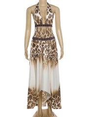 Voguable  Sexy Backless Long Dress Woman Leopard Print Bandage Halter Deep V-Neck Sleeveless Evening Club Party Fashion Bodycon voguable