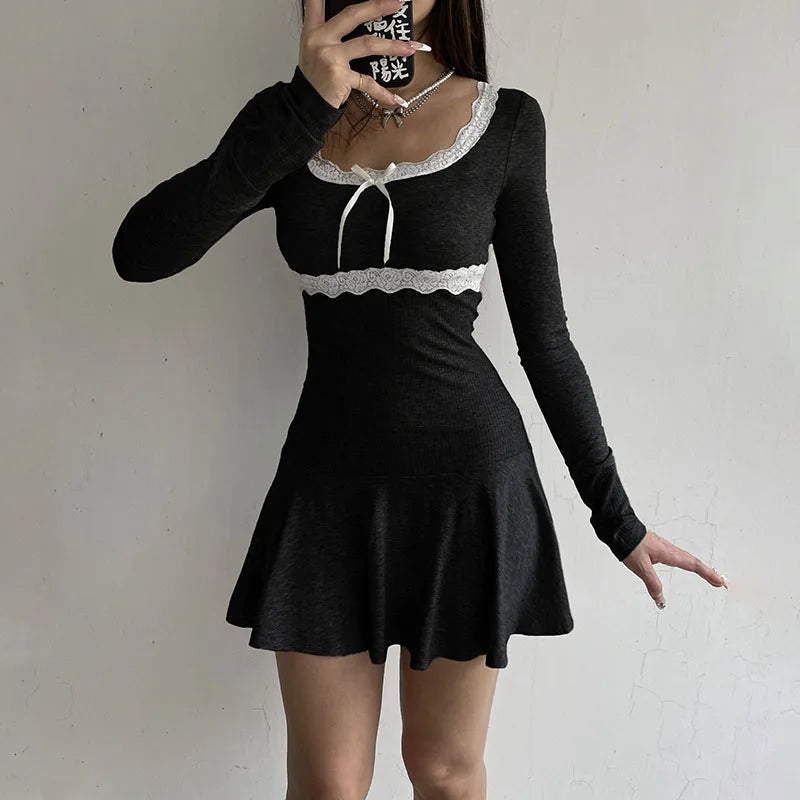 Voguable Lace Patchwork Knitted Mini Dresses Women Autumn Y2K Sweet Bow Bodycon Long Sleeve Pleated Dress Casual Korean Style voguable