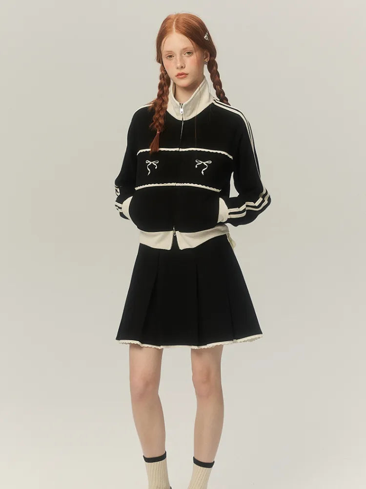 American Retro Lace Embroidery Zip Up Hoodie Bow Graphic Stand Collar Sweatshirt Causal Track Cardigan Kpop Clothes Chic voguable