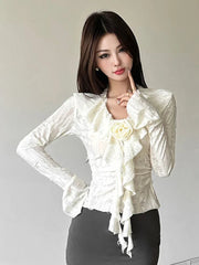 3D Floral Ruffles Y2K T Shirts Women Slim Long Sleeve Hole Gothic Tops Streetwear Harajuku Vintage Lady V Neck Design Tees voguable