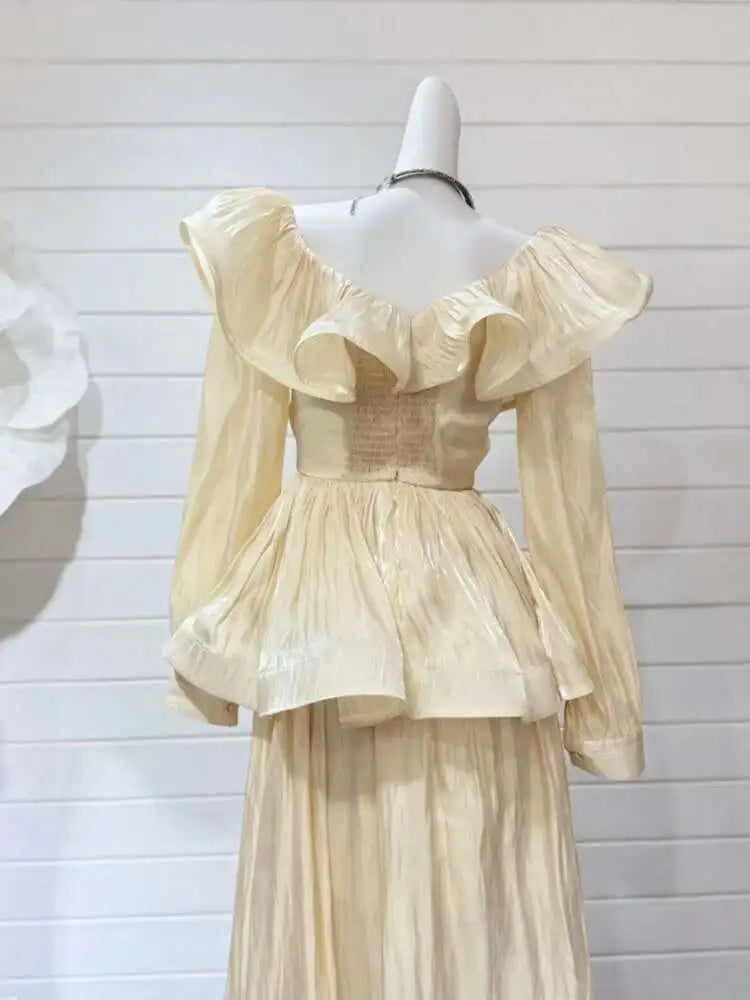 Solid Ruffles Women's 2 Piece Sets V Neck Long Sleeve Shirt High Waist Skirts Loose Elegant Set Autumn 2025 New voguable