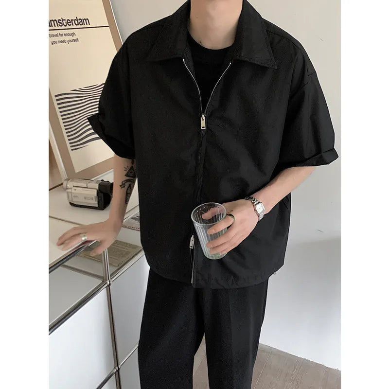 Voguable Summer Short Sleeved Shirt Men Fashion Oversized Zip Shirt Men Korean Loose Black White Dres Shirts Men Ice Silk Shirt M-2XL voguable
