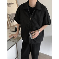 Voguable Summer Short Sleeved Shirt Men Fashion Oversized Zip Shirt Men Korean Loose Black White Dres Shirts Men Ice Silk Shirt M-2XL voguable
