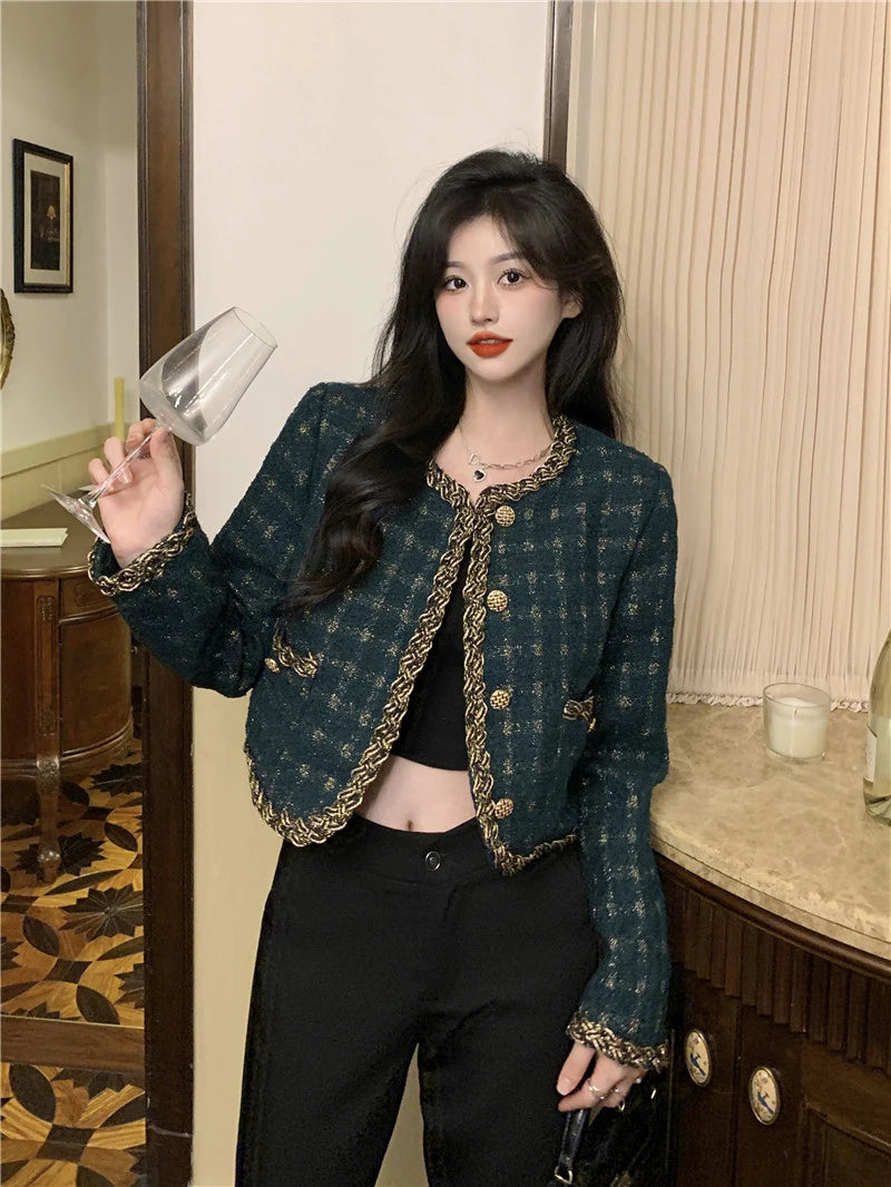 Vintage Cropped Tweed Jacket Women Elegant Blazer Korean Single Breasted Short Coats Autumn Winter Chic Suit Outerwear New voguable