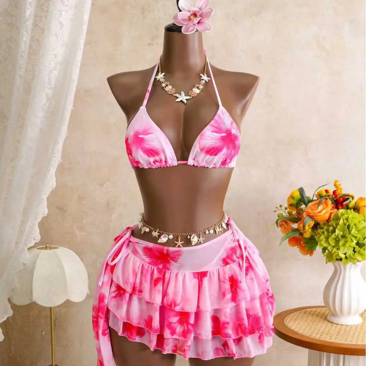 Voguable  Women 3 Piece Hibiscus Print Bikini Set with Mesh Ruffle Skirt Halter Triangle Top Beachwear Backless Swimwears Bathing Suits voguable