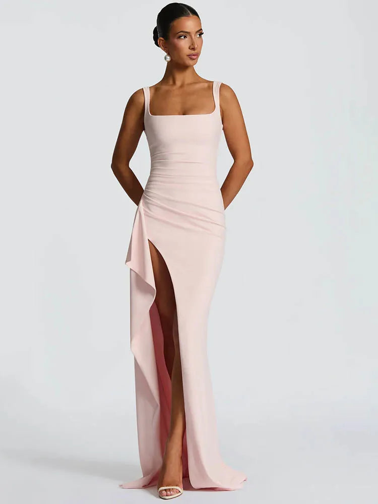 Elegant Spaghetti Strap Sexy Maxi Dress Women Gown Fashion Sleeveless Backless Thigh High Split Draped Club Long Dress voguable