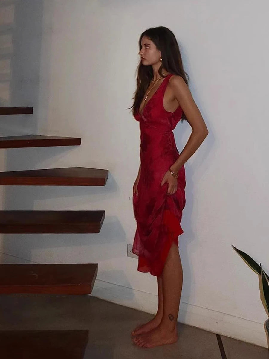 RORORIRI Elegant V-neck Rose Print Long Dress Women Bandage Draped Maxi Sleeveless Tank Dress Evening Party Vintage Clothing voguable