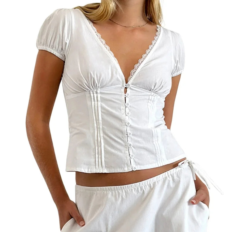 Coquette Shirt y2k Clothes Women Deep V Neck Lace Trim Single Breasted Short Sleeve Blouse Crop Top Club Streetwear voguable