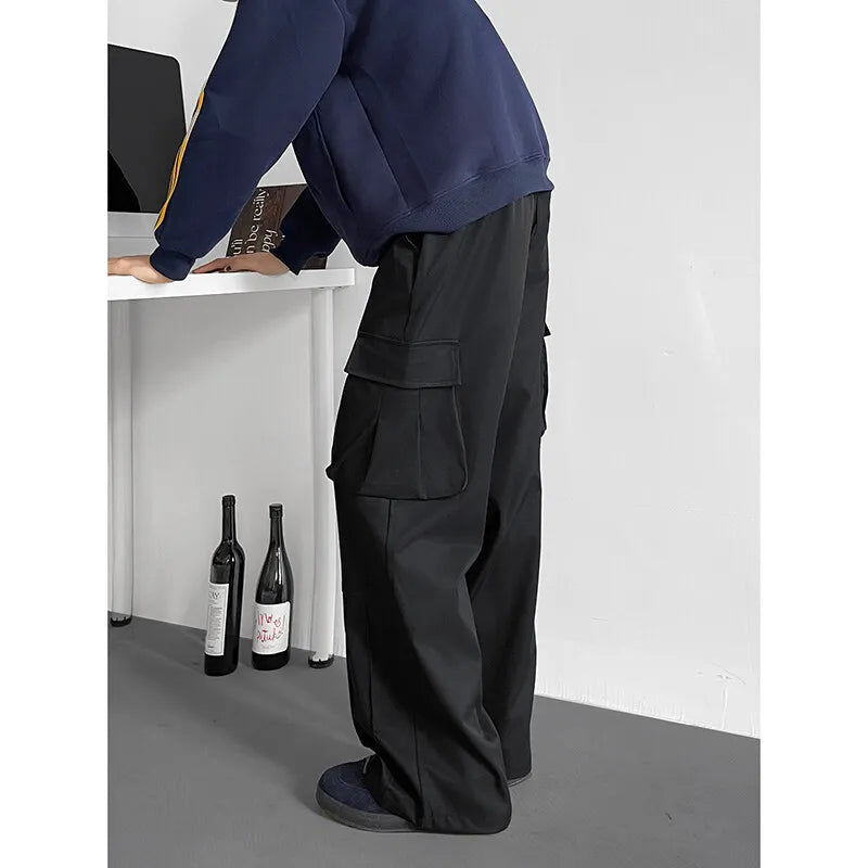Spring Unisex Loose Wide Leg Cargo Pants Elastic Waist Side Pocket Workwear Casual Wear Trendy Men Women Outdoor Comfort Pleats voguable